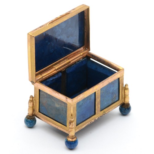 260 - A 19th century gilt metal and lapis lazuli casket, raised on ball feet, 5 x 3.5 x 4cm