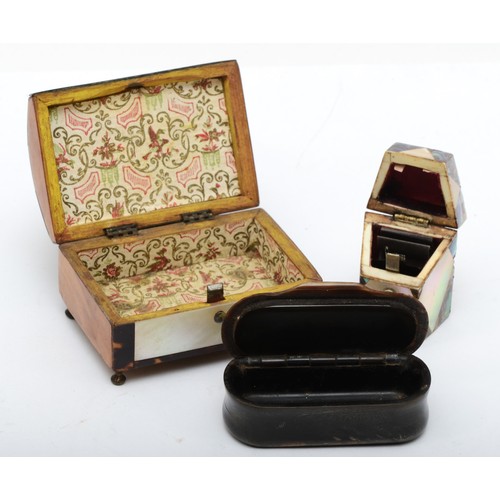 261 - A 19th century abalone shell and mother of pearl 'knife box' needle case, 5 x 3.5 x 2.5cm, a 19th ce... 