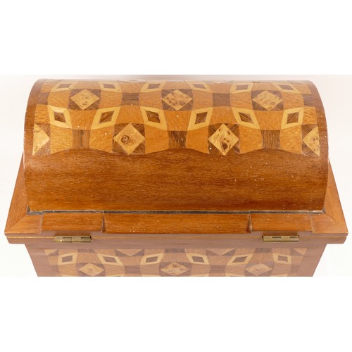 263 - A 20th century specimen inlaid dome topped sewing box, the hinged lid opening reveal space for cotto... 