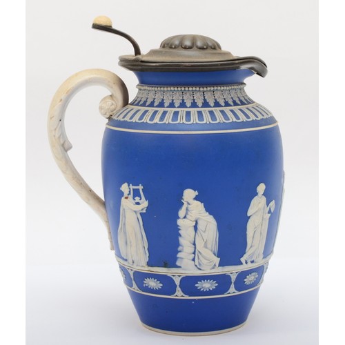 275 - A late 19th blue glazed cameoware porcelain jug, mounted and incised with the Seven Graces, with 'C'... 