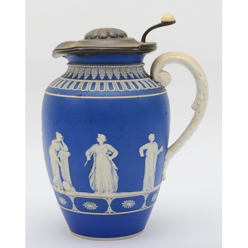 275 - A late 19th blue glazed cameoware porcelain jug, mounted and incised with the Seven Graces, with 'C'... 