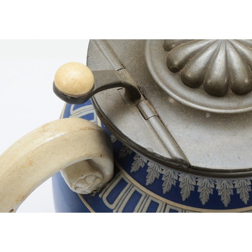 275 - A late 19th blue glazed cameoware porcelain jug, mounted and incised with the Seven Graces, with 'C'... 