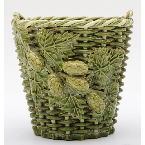 284 - Rye Pottery, a 20th century green glazed pottery basket weave 'wicker' twin handle basket, with appl... 