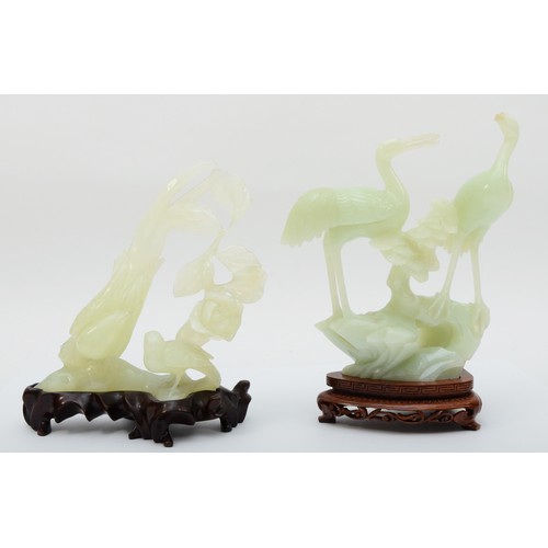 293 - Two early 20th century Chinese carved jade/jadite figural groups of birds, one being storks/cranes a... 