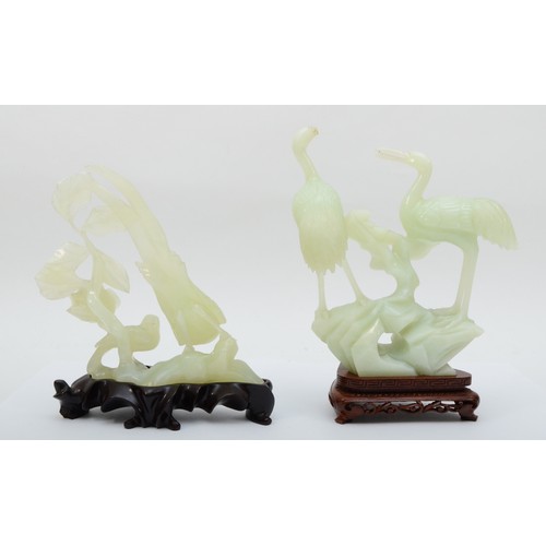 293 - Two early 20th century Chinese carved jade/jadite figural groups of birds, one being storks/cranes a... 