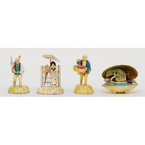 296 - Three 20th century painted resin Chinese figures of a lady holding a parasol, a fisherman carrying t... 