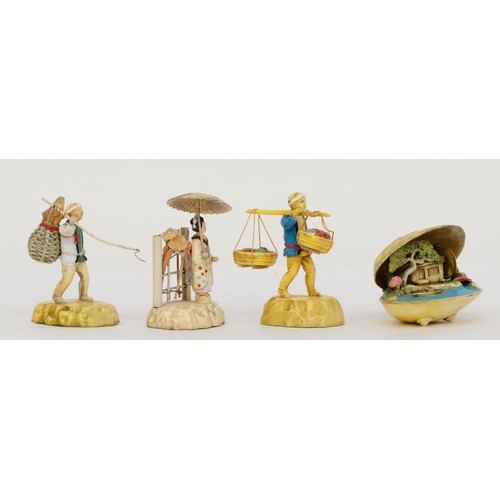 296 - Three 20th century painted resin Chinese figures of a lady holding a parasol, a fisherman carrying t... 