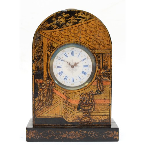 325 - An early 20th century chinoiserie cased dome topped mantle clock, raised on rectangular plinth base ... 