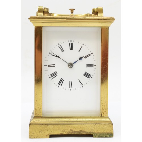 327 - A 20th century French brass and four glass carriage clock, the white dial with black Roman numerals ... 