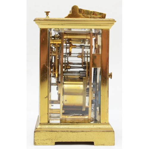 327 - A 20th century French brass and four glass carriage clock, the white dial with black Roman numerals ... 