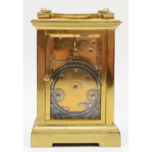 327 - A 20th century French brass and four glass carriage clock, the white dial with black Roman numerals ... 