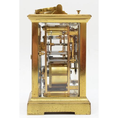 327 - A 20th century French brass and four glass carriage clock, the white dial with black Roman numerals ... 