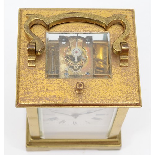 327 - A 20th century French brass and four glass carriage clock, the white dial with black Roman numerals ... 