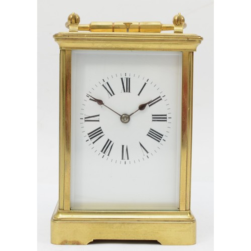 328 - A late 19th/early 20th century French brass corniche cased repeating mantle clock, the white dial wi... 