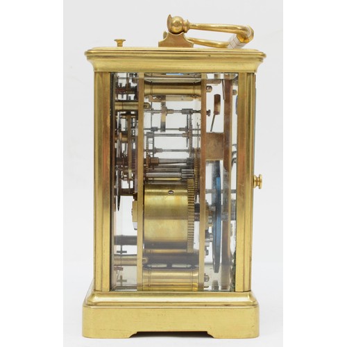 328 - A late 19th/early 20th century French brass corniche cased repeating mantle clock, the white dial wi... 