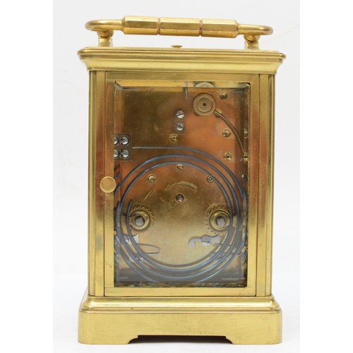 328 - A late 19th/early 20th century French brass corniche cased repeating mantle clock, the white dial wi... 