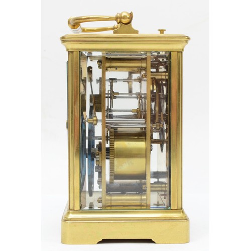 328 - A late 19th/early 20th century French brass corniche cased repeating mantle clock, the white dial wi... 