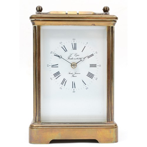 330 - A 20th century French brass corniche and four glass cased carriage clock, with swing handle, the whi... 