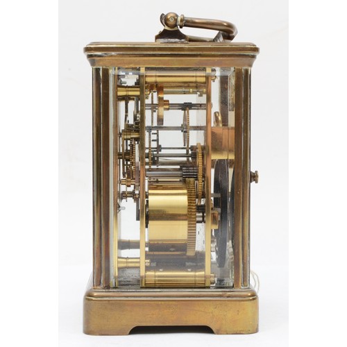 330 - A 20th century French brass corniche and four glass cased carriage clock, with swing handle, the whi... 