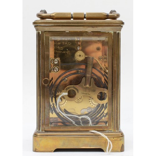 330 - A 20th century French brass corniche and four glass cased carriage clock, with swing handle, the whi... 