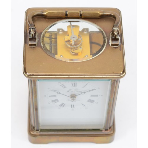 330 - A 20th century French brass corniche and four glass cased carriage clock, with swing handle, the whi... 