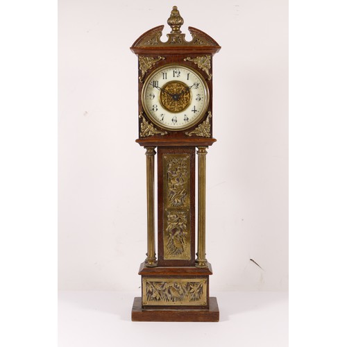 344 - A 19th century oak cased miniature long case clock, with broken swan neck pediment, applied pierced ... 