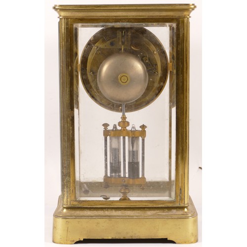 346 - A late 19th/early 20th century brass corniche and four glass mantle clock, the white enamelled dial ... 