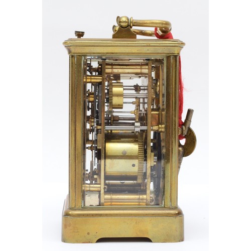 347 - A late 19th century brass corniche cased and four glass repeat striking carriage clock, with swing h... 