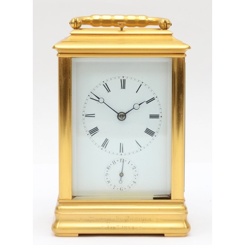 352 - A late 19th century brass corniche cased and four glass presentation striking carriage clock, with s... 