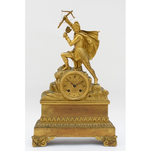 357 - A 19th century French parcel gilt mantle clock, surmounted with a male hunter with bow and arrows, t... 