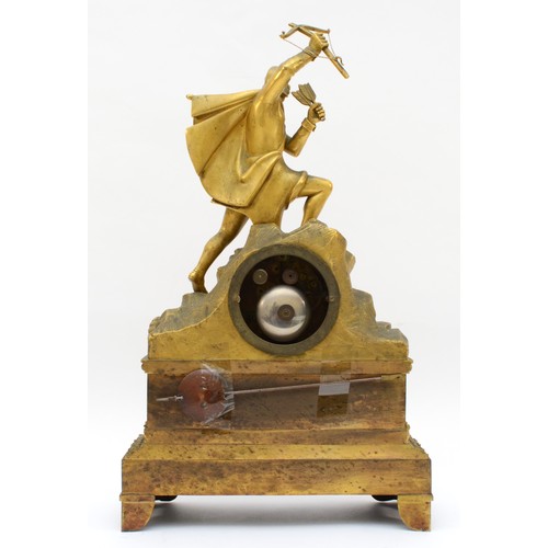 357 - A 19th century French parcel gilt mantle clock, surmounted with a male hunter with bow and arrows, t... 