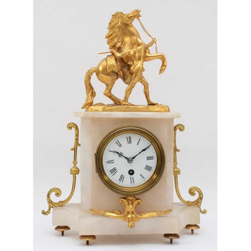 358 - A late 19th/early 20th century French alabaster and gilt painted spelter mounted mantle clock, surmo... 