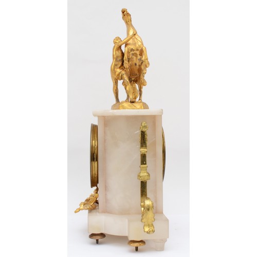 358 - A late 19th/early 20th century French alabaster and gilt painted spelter mounted mantle clock, surmo... 