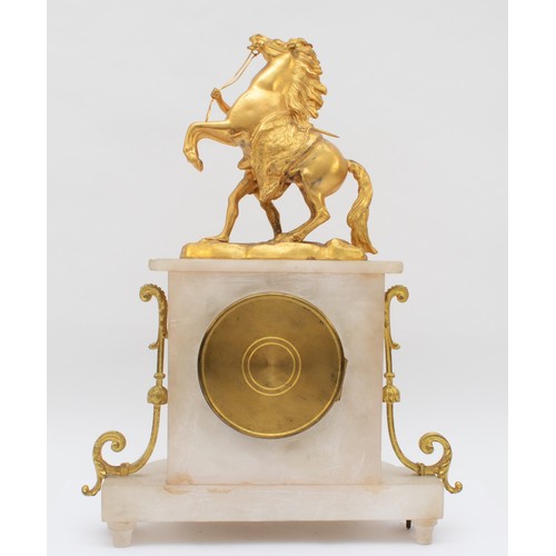 358 - A late 19th/early 20th century French alabaster and gilt painted spelter mounted mantle clock, surmo... 