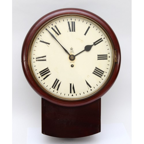 360 - GPO, a mid 20th century mahogany cased drop dial wall hanging clock, with fusee movement, the white ... 