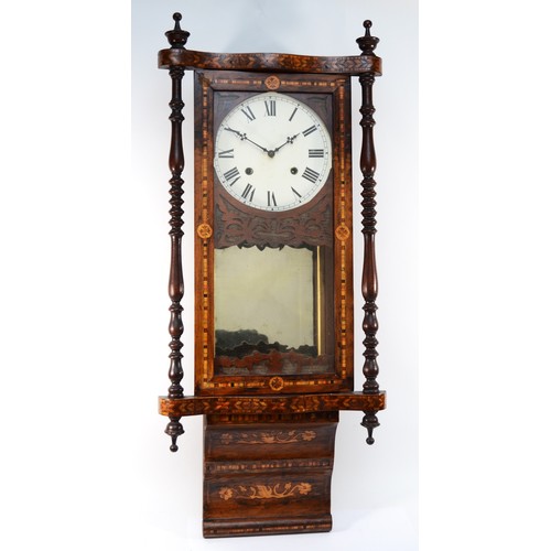 362 - A late 19th century parquetry inlaid walnut wall hanging clock, with serpentine front and turned col... 