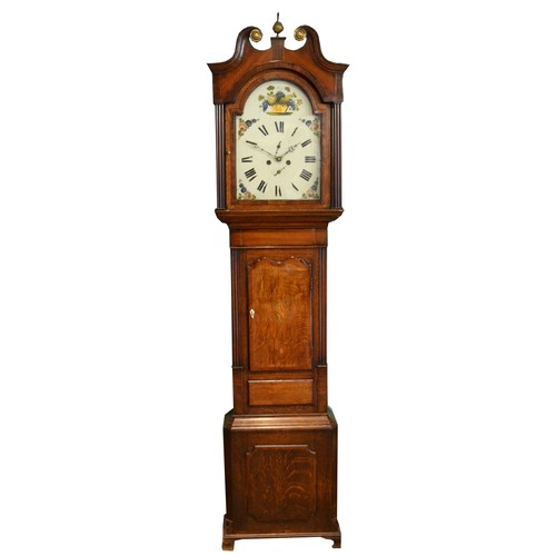 369 - A 19th century oak cased 30 hour longcase clock, with broken swan neck pediment and central urn fini... 