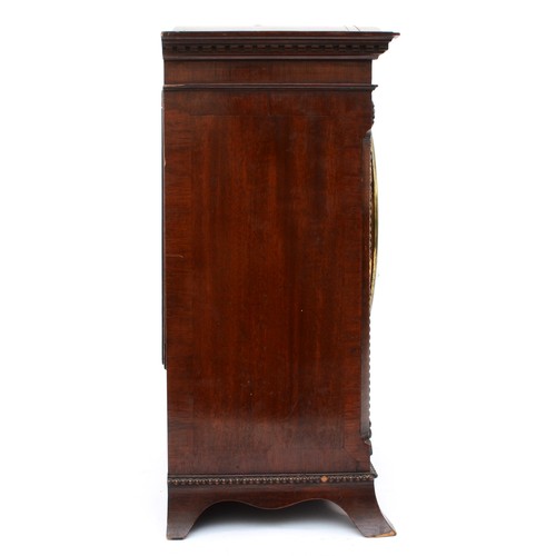 374 - A late 19th century mahogany veneered cased mantle clock, with carved rope twist style decoration, t... 