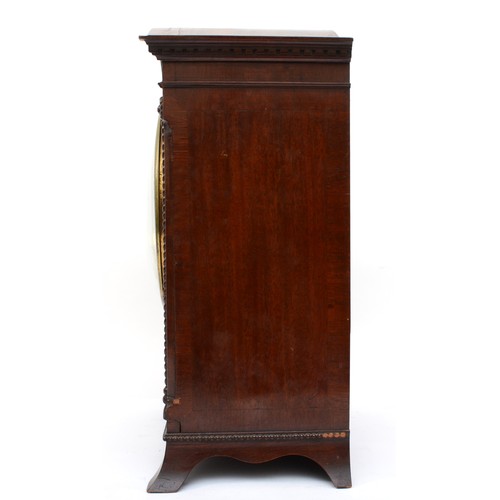 374 - A late 19th century mahogany veneered cased mantle clock, with carved rope twist style decoration, t... 