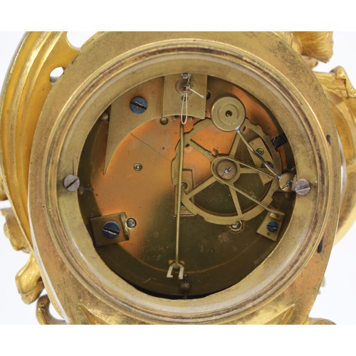 376 - A late 19th century, probably French gilt brass mantle clock, the gilt dial with applied enamel Roma... 