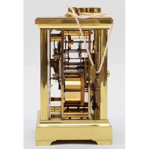 378 - Worcester, a contemporary heavy brass and four glass corniche cased carriage clock, with swing carry... 