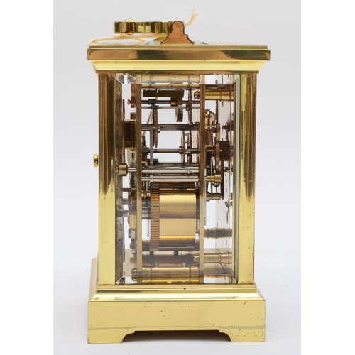 378 - Worcester, a contemporary heavy brass and four glass corniche cased carriage clock, with swing carry... 