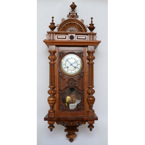 380 - An early 20th century walnut cased Vienna style regulator eight day wall clock, the white dial with ... 