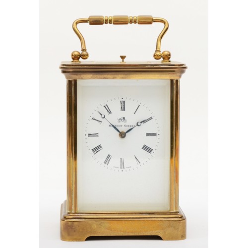 381 - Matthew Norman, a 20th century brass and glass corniche cased striking repeater carriage clock, with... 