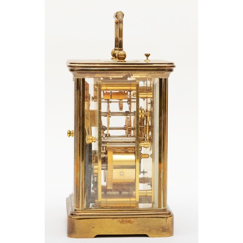 381 - Matthew Norman, a 20th century brass and glass corniche cased striking repeater carriage clock, with... 