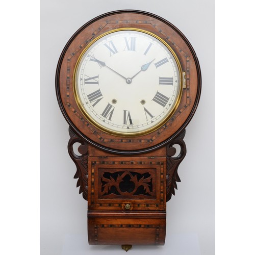 384 - A 20th century walnut inlaid drop dial wall clock, the white dial with black Roman numerals and twin... 