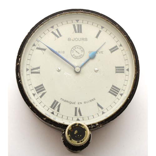 385 - Jaeger, Paris, an 8 day manual wind car dash clock, c.1920's,  silvered dial with Roman numerals, se... 