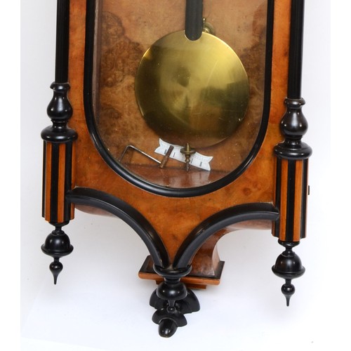 387 - A late 19th century walnut and ebony cased Vienna style twin weight wall regulator, with broken pedi... 