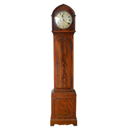 390 - A 19th century mahogany longcase clock, with Gothic style pointed arch, the silvered dial with twin ... 