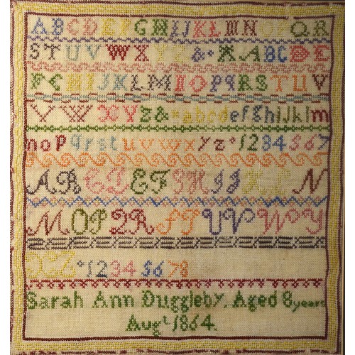 400 - A mid Victorian alphanumeric cross stitch sampler, embroidered by Sarah Ann Duggleby aged 8 August 1... 